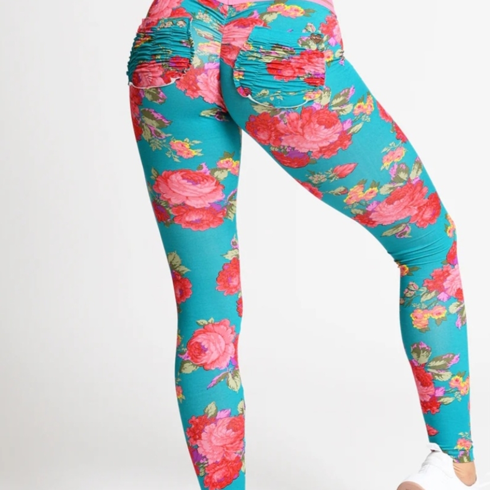Cute Booty Lounge Neon Pink Aqua Floral Striped Leggings - Size XS